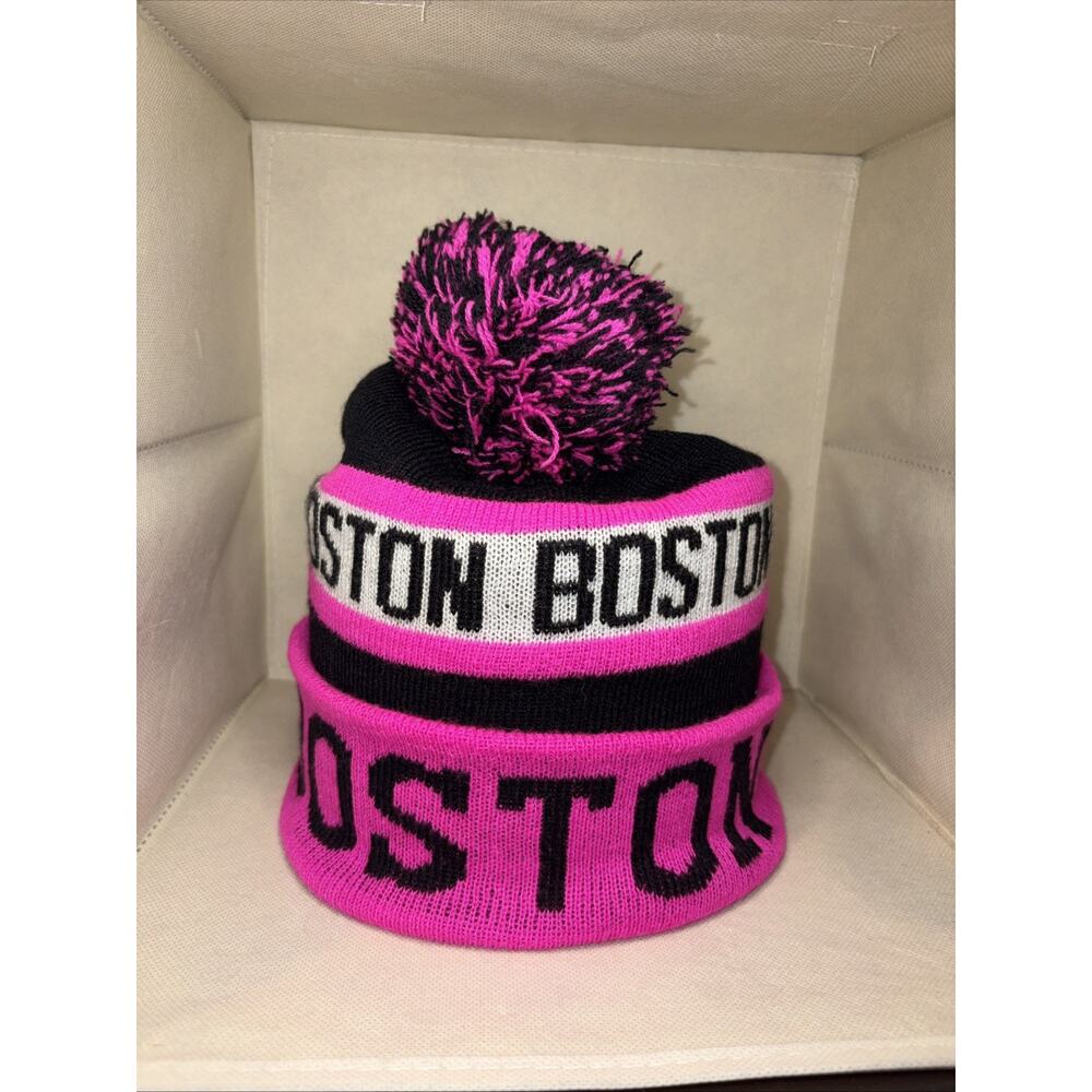 Boston Pink Black Knit Hat With Pom